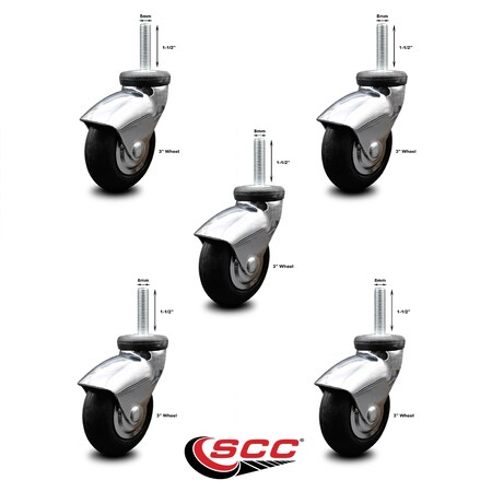 Service Caster 3 Inch Bright Chrome Hooded Neoprene Rubber 8mm Threaded Stem Casters SCC, 5PK SCC-TS03S310-NPRB-BC-M815-5